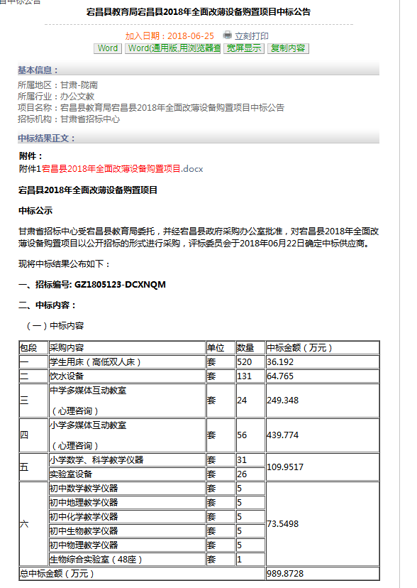 喜訊，濾中濾中標宕昌縣2018年全面改薄設備購置項目！